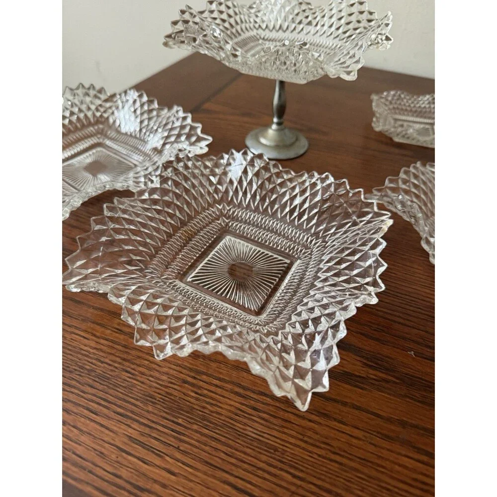 Vintage Clear Diamond Square Glass 5 Candy Dishes with Silver Pedestal